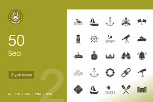 50 Sea Glyph Icons, an Icon by IconBunny