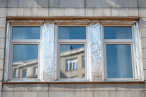 Home renovation with aluminum foil covering windows on a building exterior, a Photo by AlyaAnd