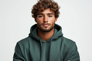 Young man in a green hoodie poses co, a Photo by Tanuart