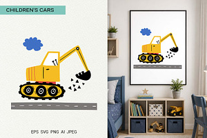 Cute Excavator Nursery Poster Print, an Object Graphic by Irina Ostapenko