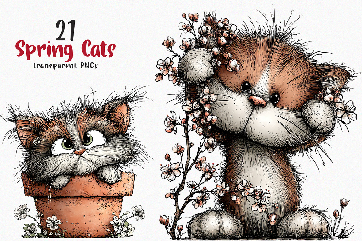 Whimsical Floral Spring Cats Png, an Illustration by SinaCreation (Photo 1 of 7)