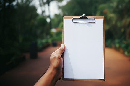 A person holding a blank clipboard mockup in a lush garden setting, with greene, a Household Mockup by Textures & Backgrounds