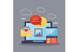 laptop with multimedia icons, an Object Illustration by studiogstock