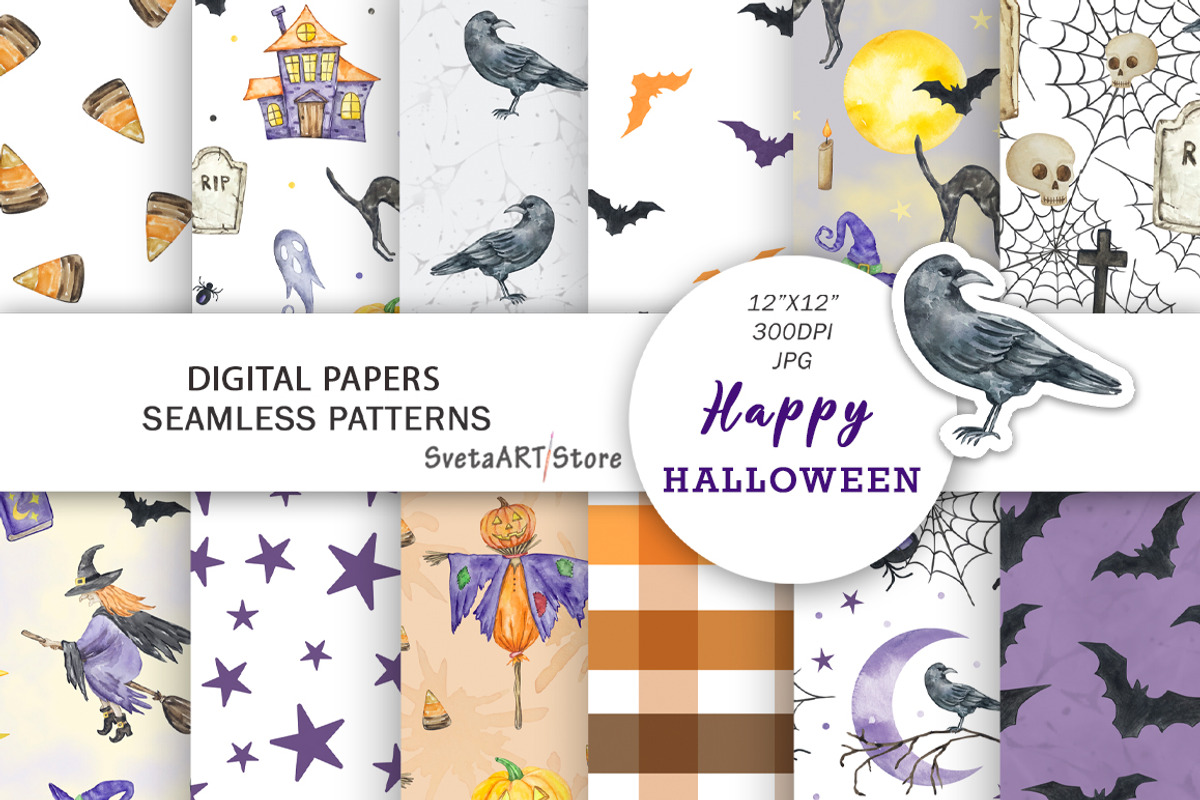 Watercolor Halloween Patterns, a Pattern Graphic by SvetaArtStore (Photo 1 of 6)