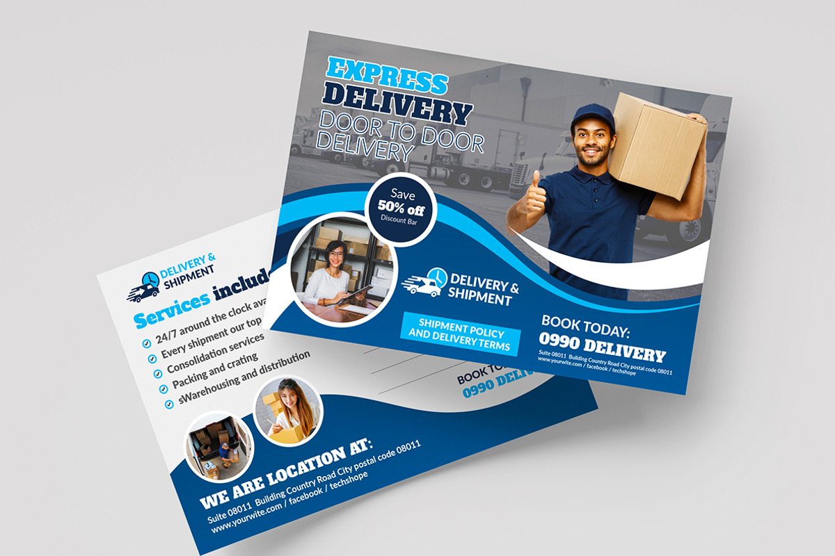 Delivery & Shipment Postcard, a Card Template by AfzaalGraphics
