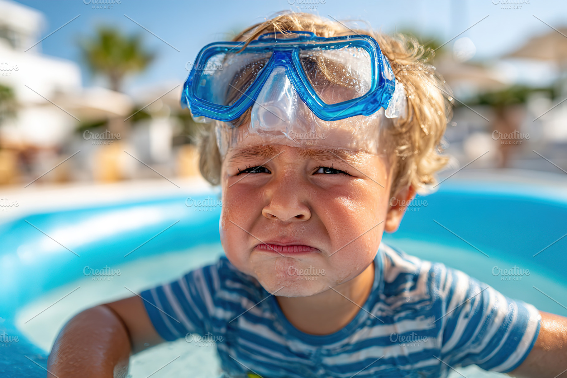 Excited child prepares for snorkeling adventure in shallow pool under bright su, a Person Photo by AlyaAnd