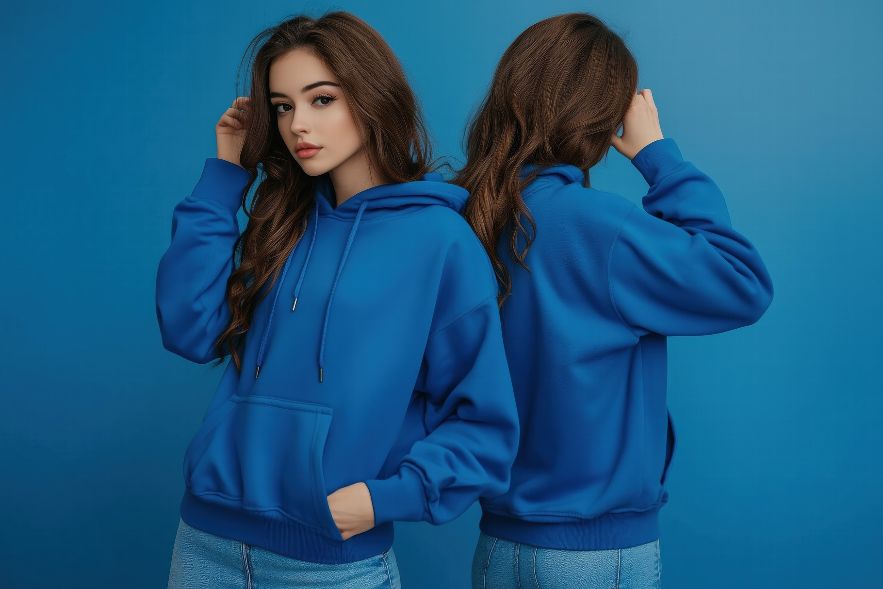 A young woman poses in a blue color color zipped hoodie mockup isolated ...