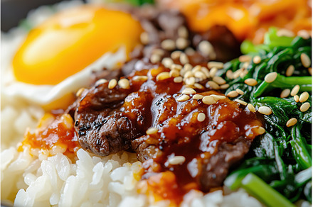 Close up of hot Korean bibimbap with, a Food & Drink Photo by Lermont51