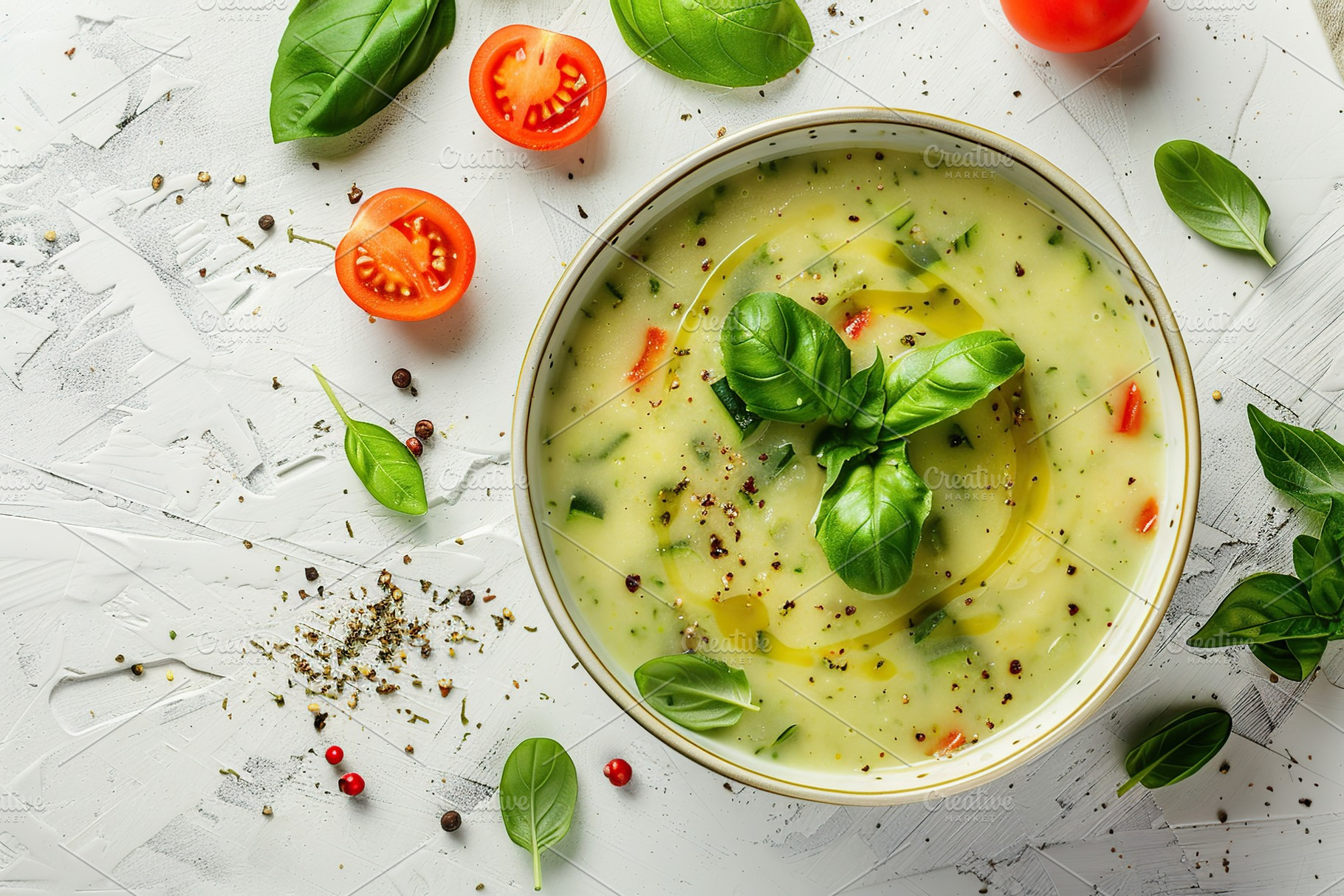 Zucchini cream soup puree in bowl on white background, a Food & Drink Photo by AlyaAnd