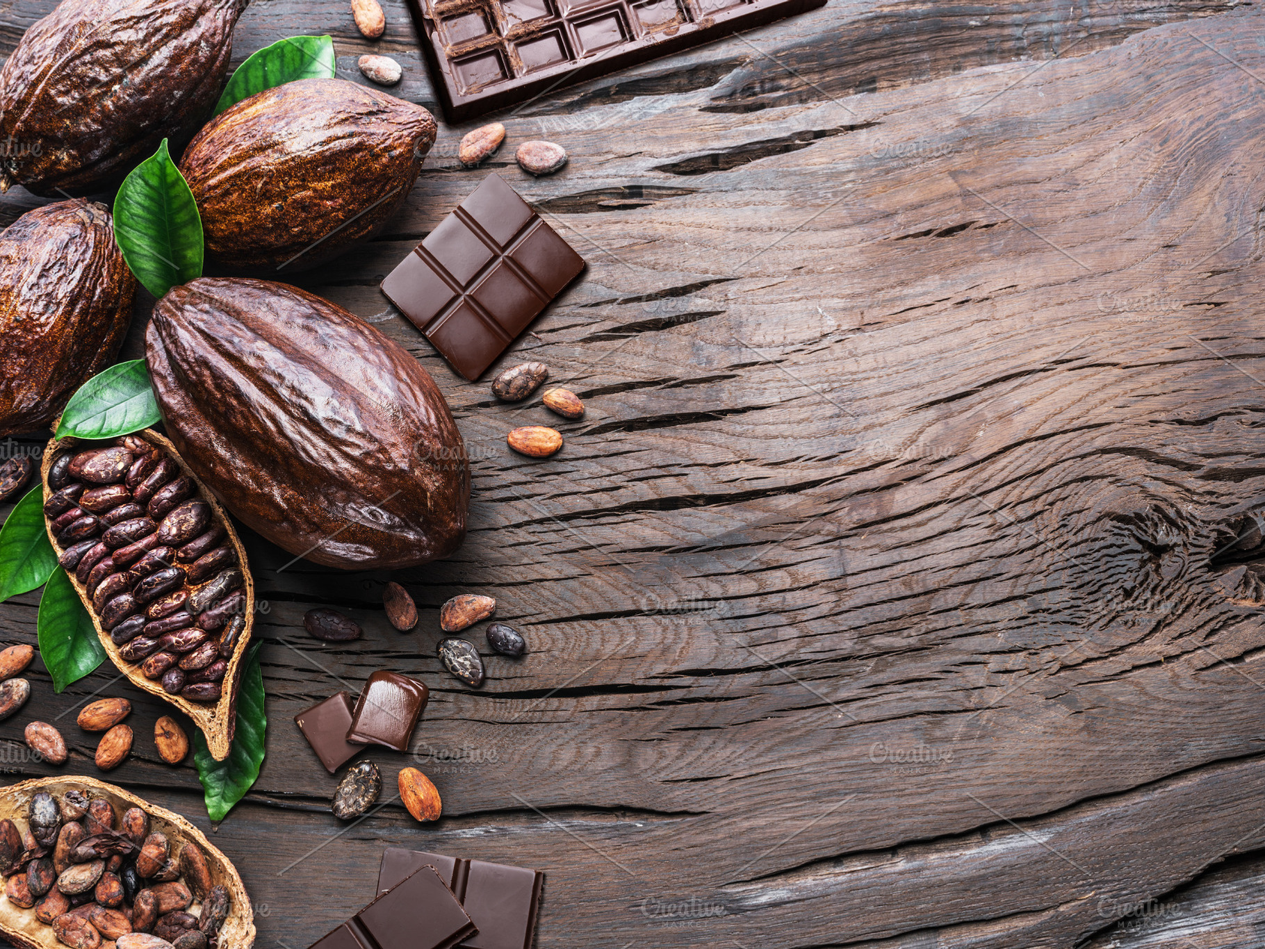Cocoa pod, cocoa beans and chocolate, a Photo by Volff