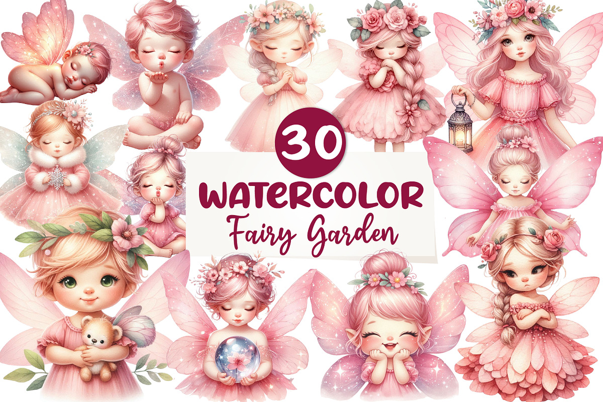 Fairy Garden Watercolor Clipart, an Illustration by CreationArt (Photo 1 of 7)