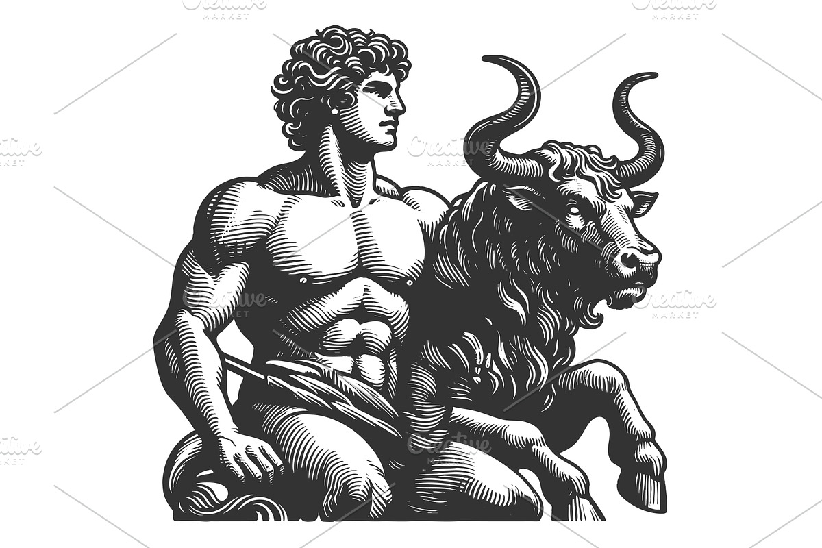 Mythological Hero with Bull vector, a Person Illustration by AlexArt