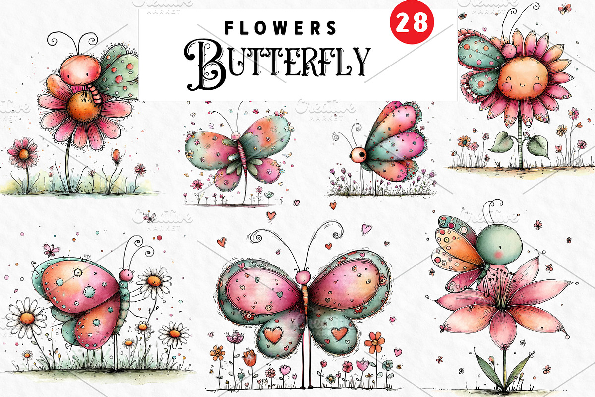 Whimsical Butterfly Flower Clipart, an Illustration by Watercolor design (Photo 1 of 6)