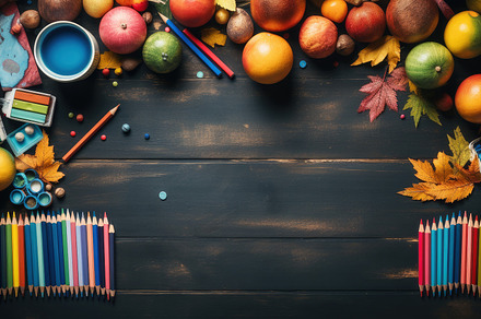 Wooden board with school supplies an, a School & Education Photo by Perpis
