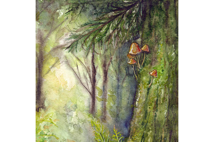 Mushrooms on tree wood forest art