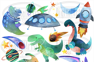 Watercolor Space Dinosaurs Clipart