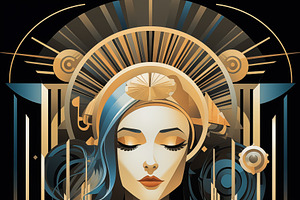 A Stylized, Art Deco-inspired Illustration Featuring A Serene Woman With Flowin