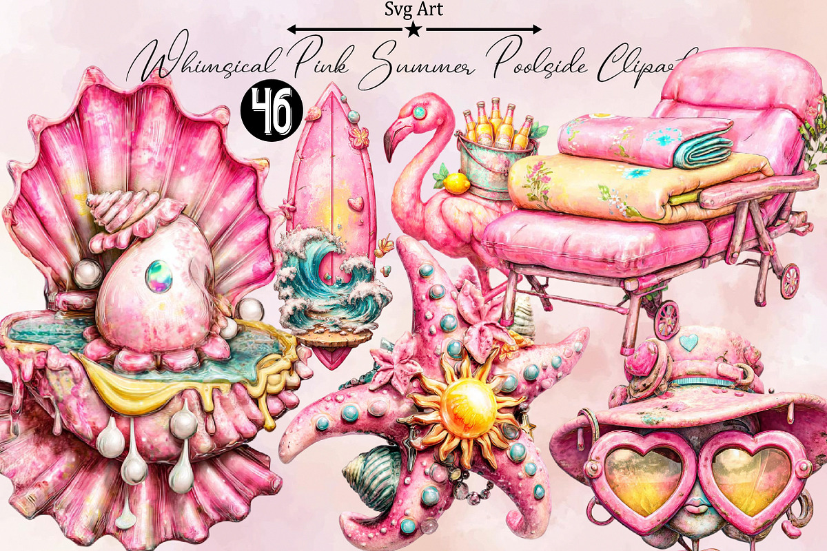 Whimsical pink summer poolside clipa, an Illustration by SVGArt (Photo 1 of 9)