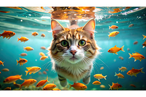 A tabby cat swimming underwater, an Animal Photo by Igor Tichonow