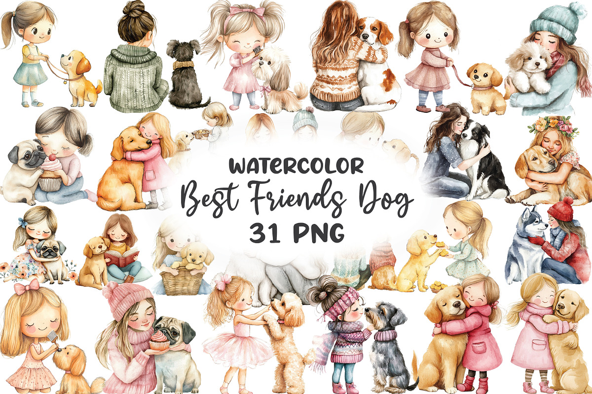 Girl & Best Friends Dog Clipart, an Illustration by CraftArtStudio (Photo 1 of 6)