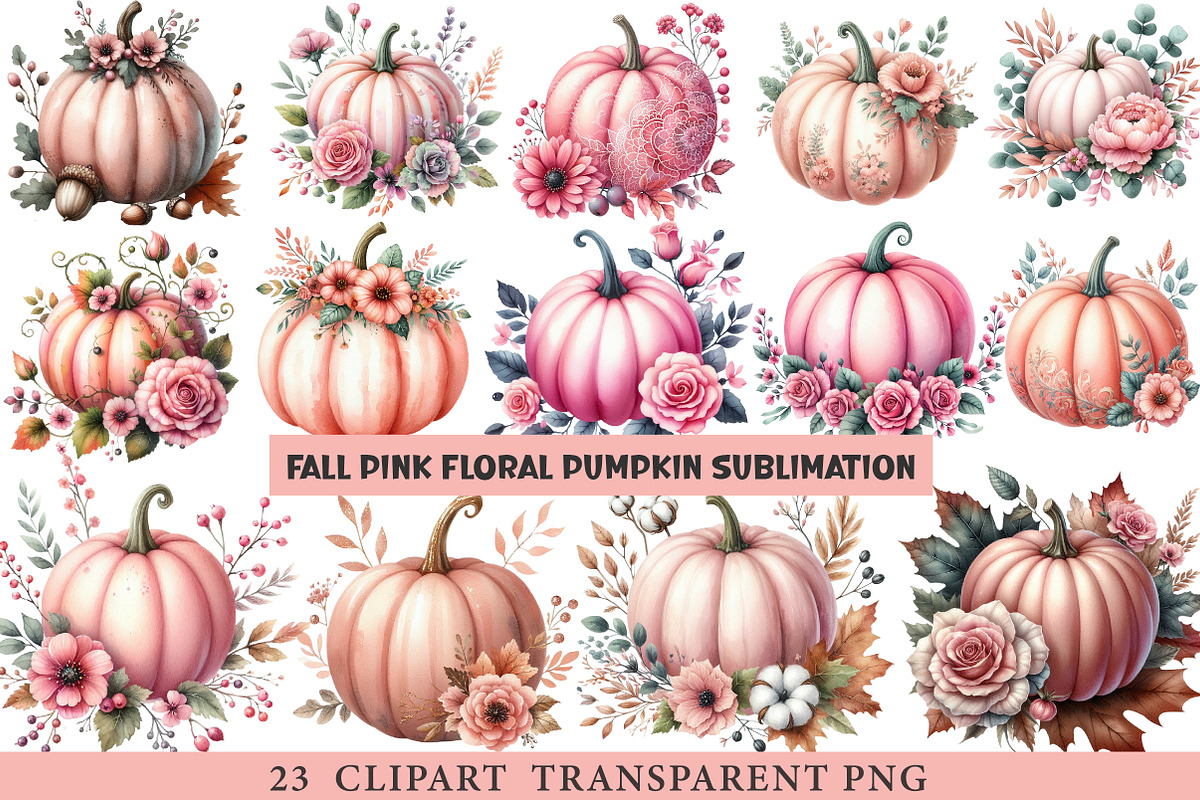 Fall Pink Floral Pumpkin Clipart, an Illustration by cherrydesign (Photo 1 of 4)