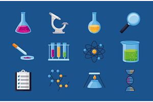 twelve chemistry lab icons, an Illustration by studiogstock