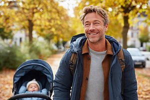 Father enjoying a leisurely stroll with baby in a front carrier during autumn i, a Person Photo by AlyaAnd