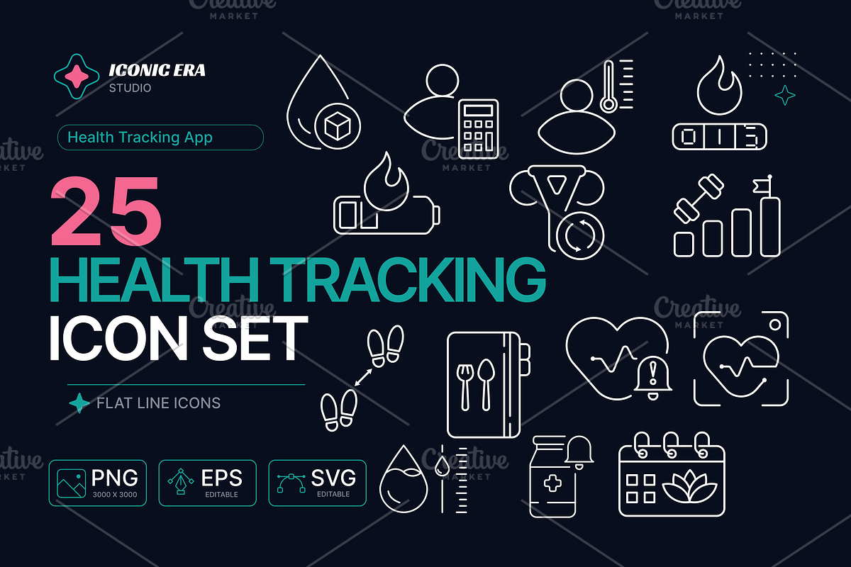 Health Tracking Icon Set (25 Icons), an Outline Icon by Iconic Era (Photo 1 of 3)