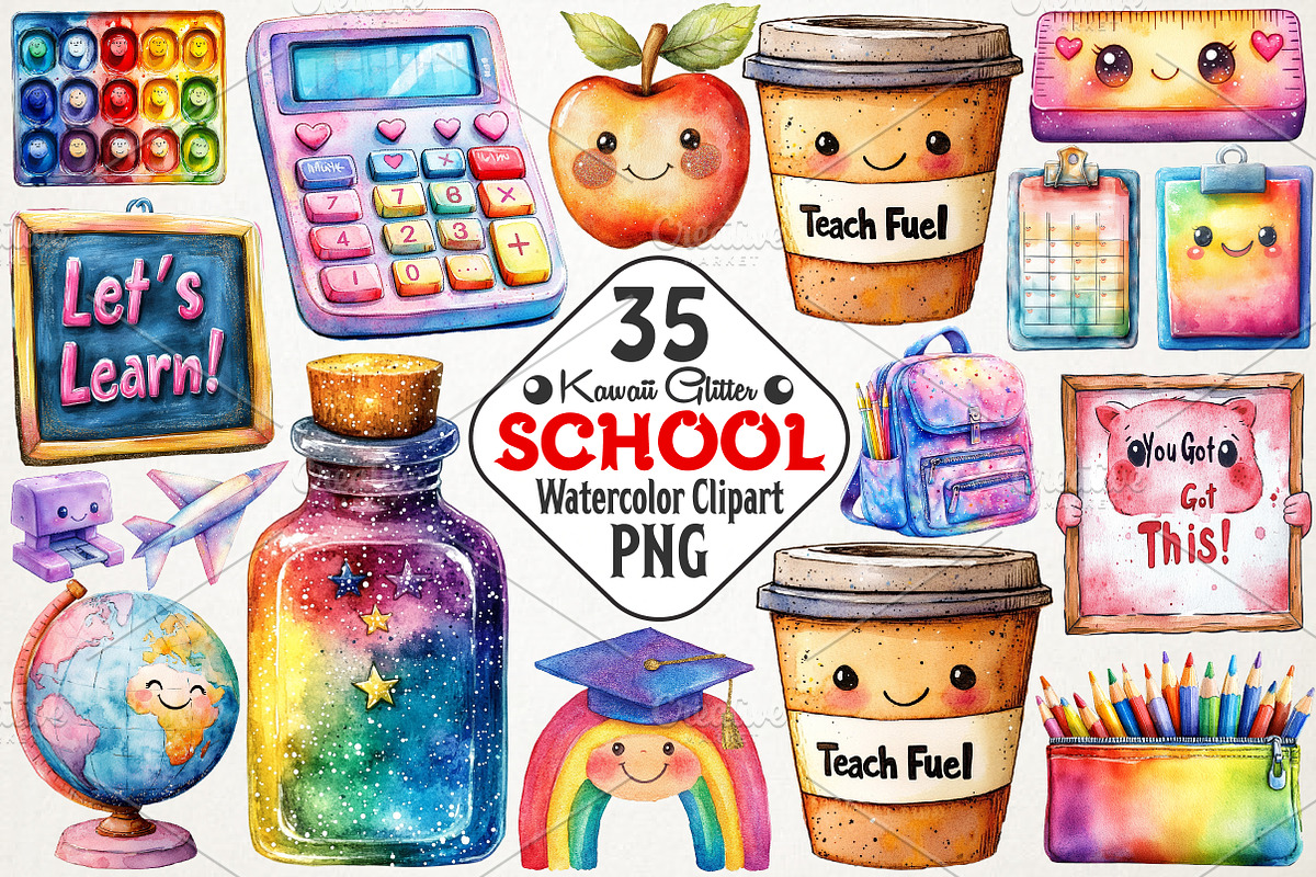 Kawaii Glitter School Clipart, an Illustration by RobertsArt (Photo 1 of 7)
