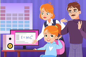 Parents and child at computer. Mom, an Education Illustration by YummyBuum