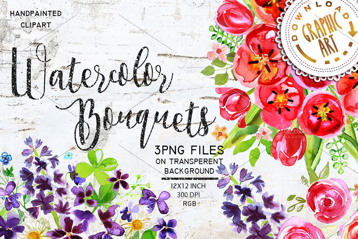 Watercolor Bouquet Clipart Handpaint, a Decorative Illustration by Download Graphic Art (Photo 1 of 6)