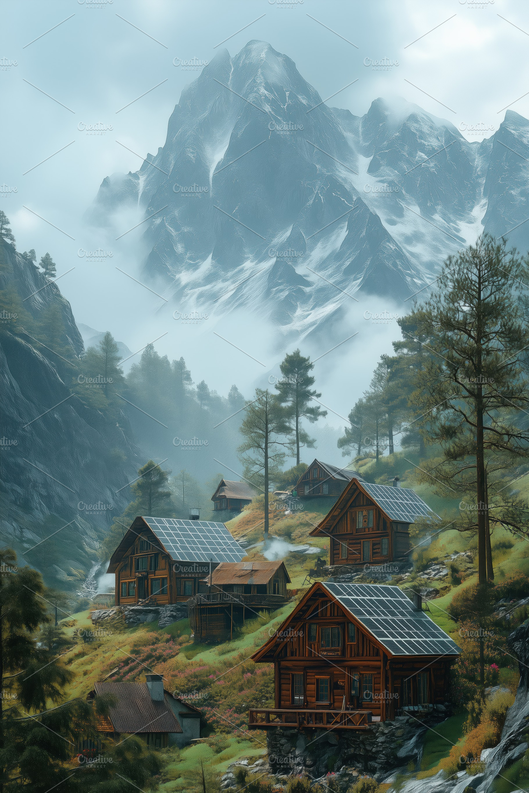 A serene mountain village with wooden cabins nestled among tall pine trees, set, a Transportation Photo by Textures & Backgrounds