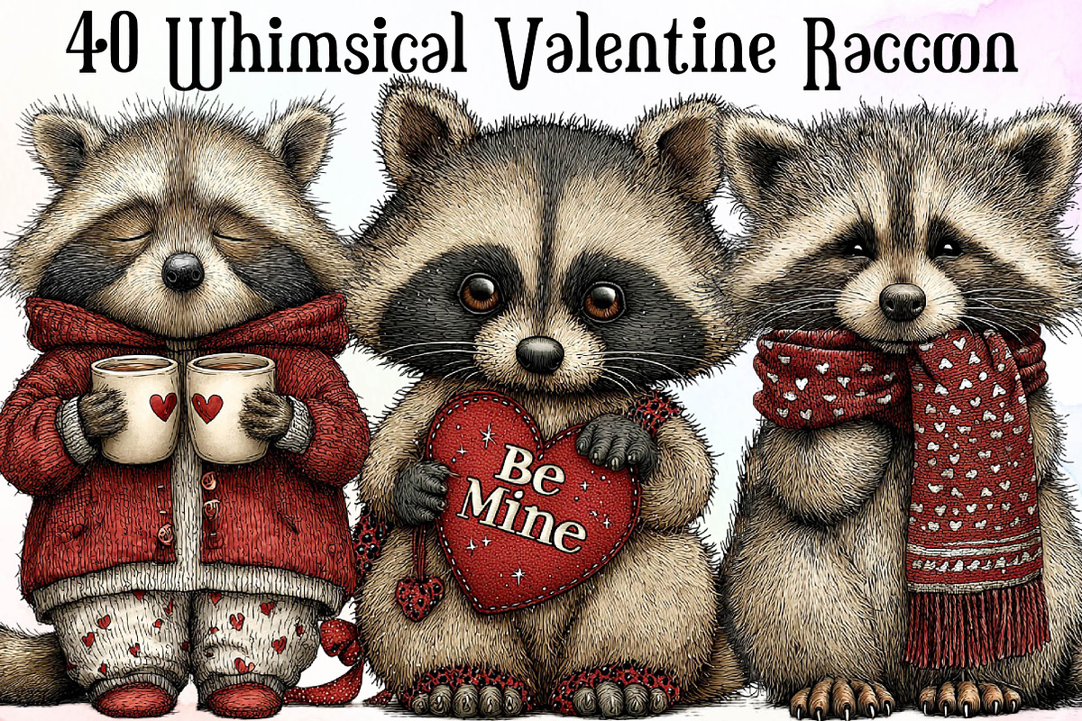 Whimsical Valentine Raccoon Clipart, an Illustration by Sublimation Artist (Photo 1 of 6)