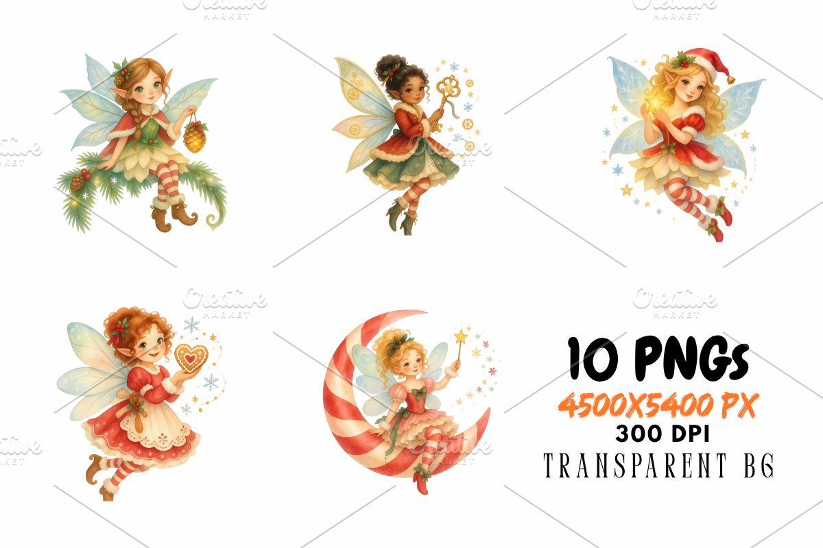 Watercolor Christmas Fairy Cliparts, a Seasonal Illustration by Ink Gallery (Photo 4 of 9)