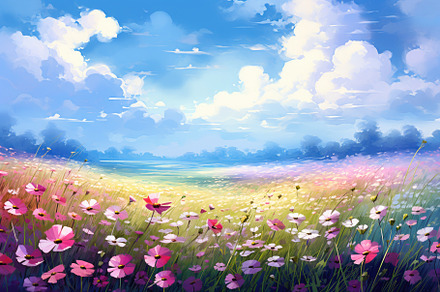 Flower meadow with clouds and sky ba, a Photo by Iftikhar Alam
