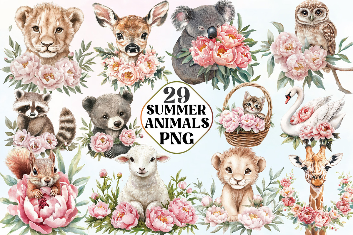 Summer Peony Animals Clipart, an Illustration by CraftArtStudio (Photo 1 of 6)