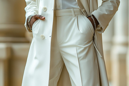 Fashion close-up of a stylish white coat with elegant tailored details, a Photo by AS photostudio