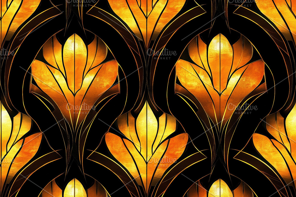 Seamless vibrant, art deco-inspired pattern featuring stylized golden flowers o, a Pattern Graphic by Textures & Backgrounds