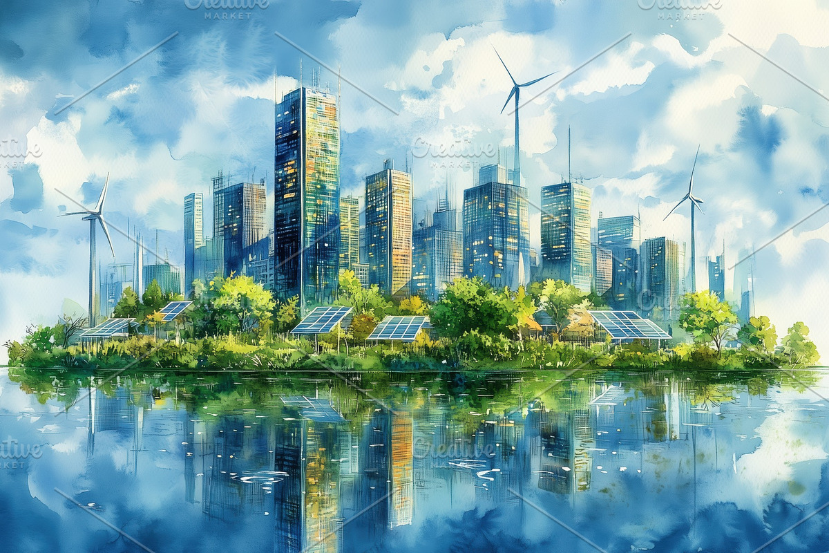 A vibrant, futuristic cityscape featuring tall skyscrapers, wind turbines, and, a Technology Illustration by Textures & Backgrounds