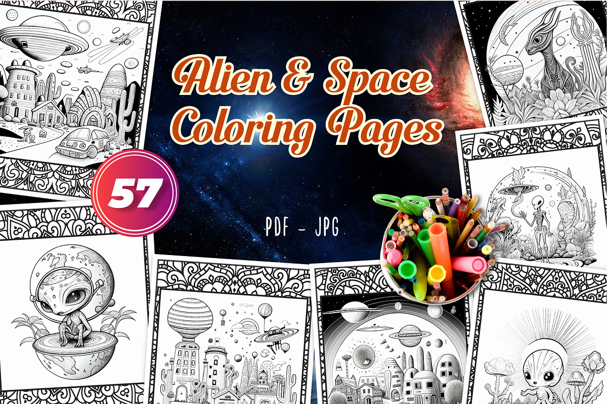 57 Alien & Space Coloring Pages, an Object Illustration by Blue Digital Studio (Photo 1 of 4)
