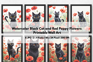 8JPG BLACK CAT RED POPPY WALL ART