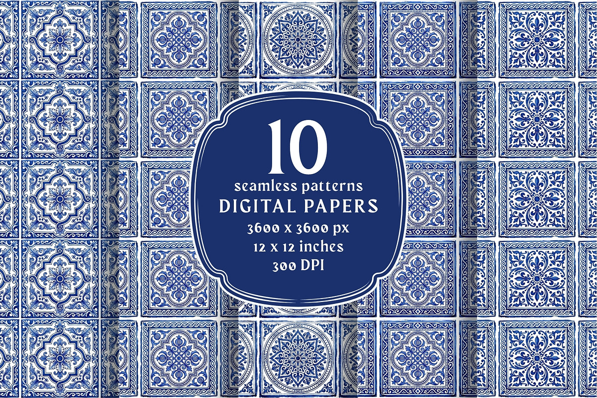 Blue White Azulejo Seamless Patterns, a Pattern Graphic by VectorPanther (Photo 6 of 10)