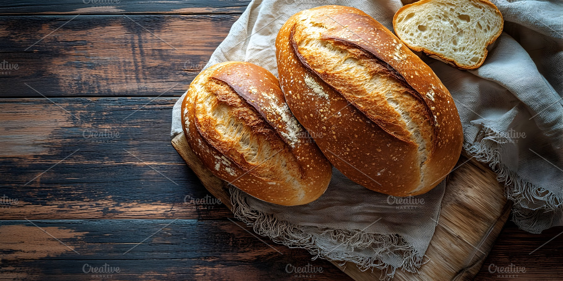 Freshly baked rustic bread on wooden background, a Food & Drink Photo by Photostock