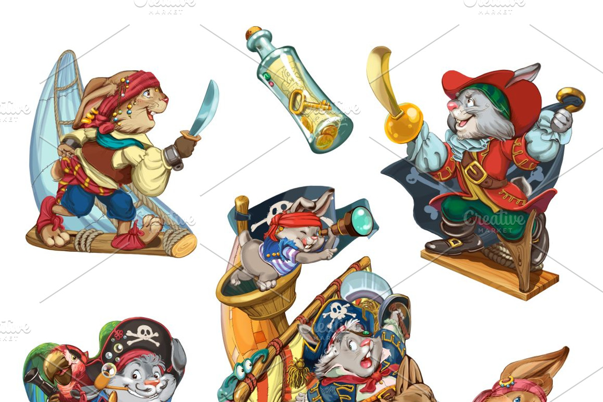 Cartoon hares pirates, an Animal Illustration by Adamskyistudio (Photo 2 of 2)