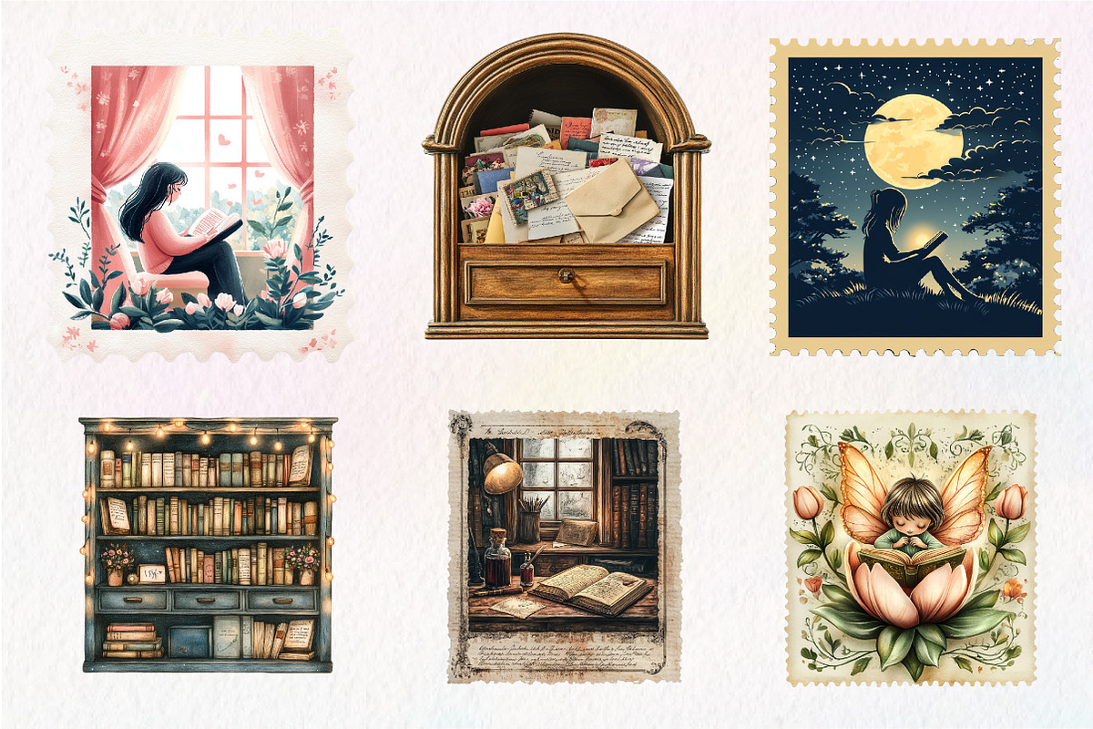 Reading Books Postage Stamp Clipat, an Illustration by CreationArt (Photo 7 of 9)