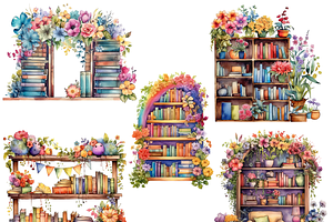 Watercolor Bookshelf Clipart Bundle