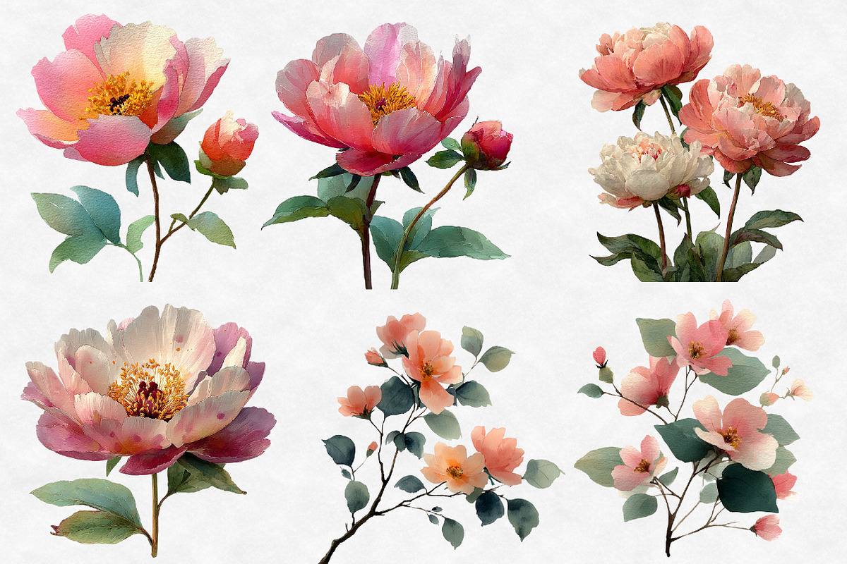 Watercolor Roses Peonies Clip Art, an Illustration by Designworld (Photo 6 of 6)