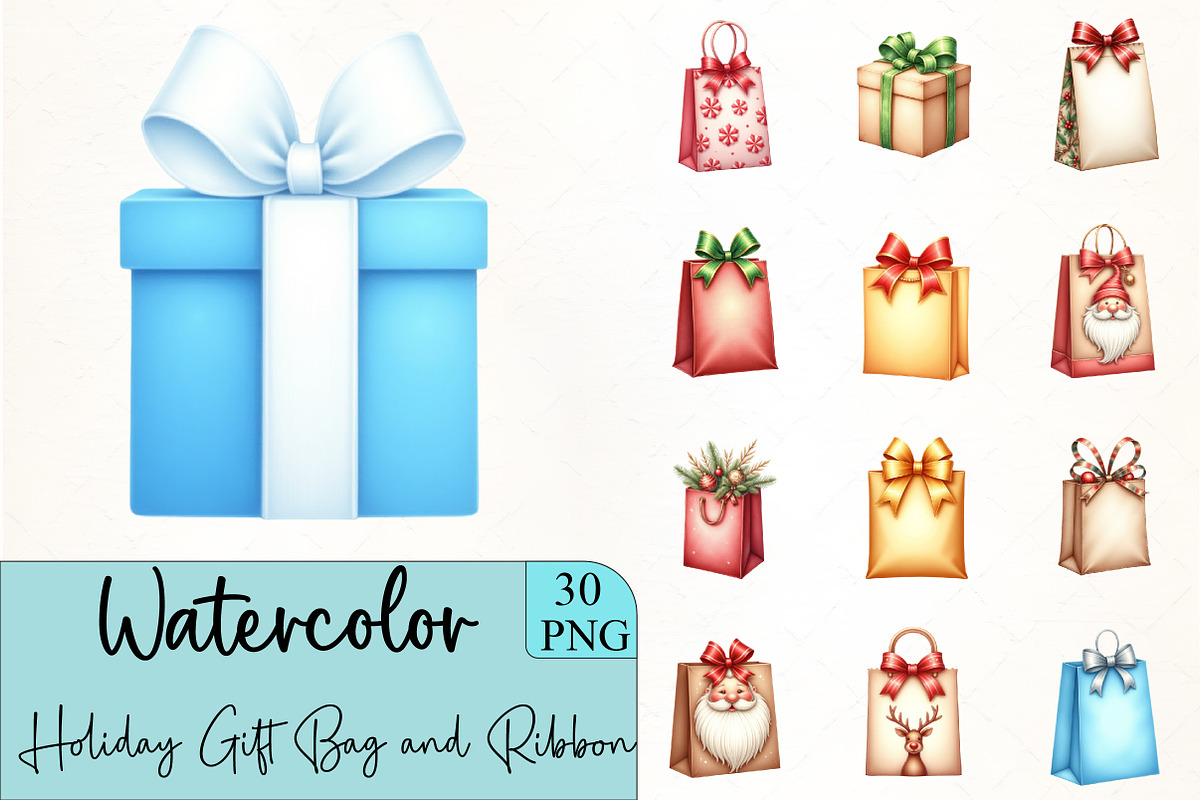Holiday Gift Bag and Ribbon Clipart, an Illustration by CrexoraLab (Photo 1 of 5)