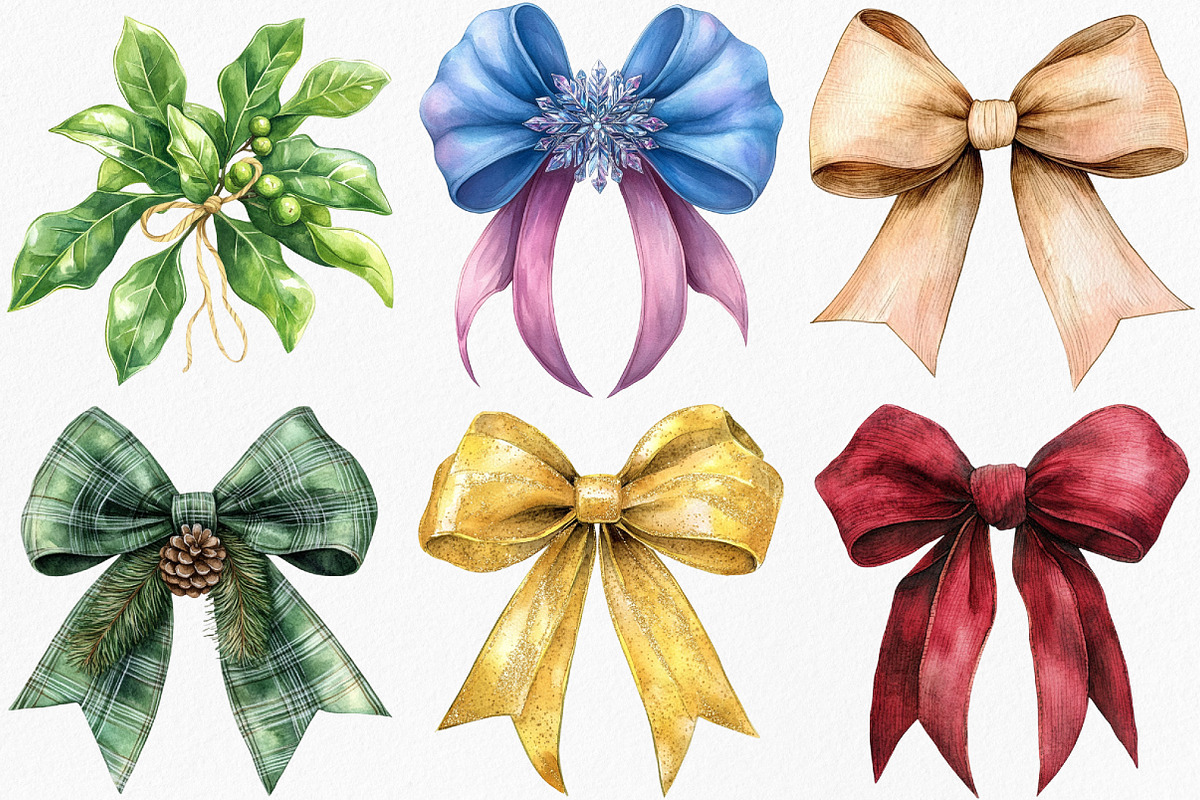 Watercolor Christmas Bow Clipart, an Illustration by Canvas Craft (Photo 2 of 8)