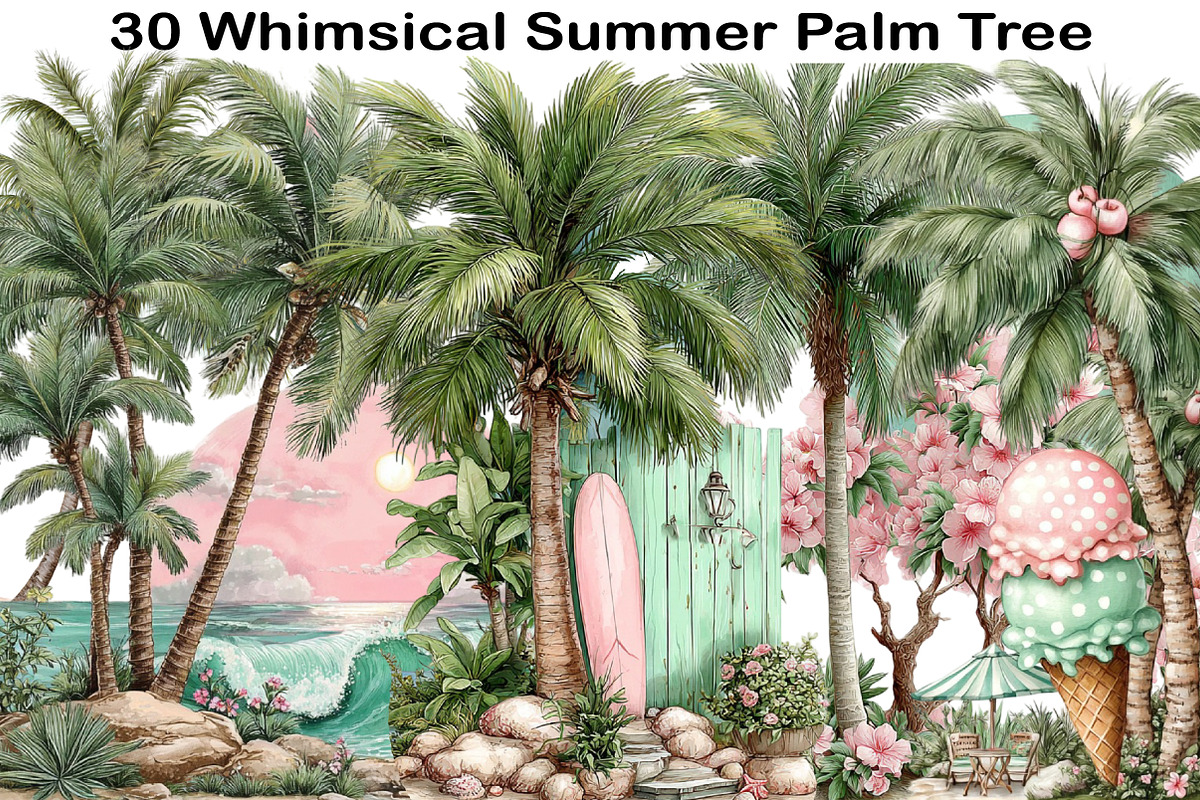 Whimsical Summer Palm Tree Clipart, an Illustration by Black Bird Studio (Photo 1 of 5)
